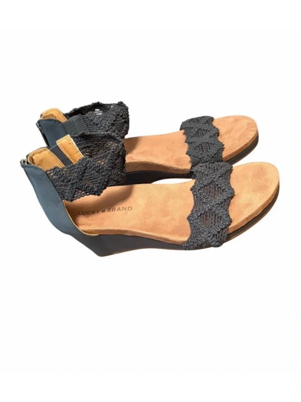Lucky Brand Dark Gray Crochet Ankle Wedge Sandals